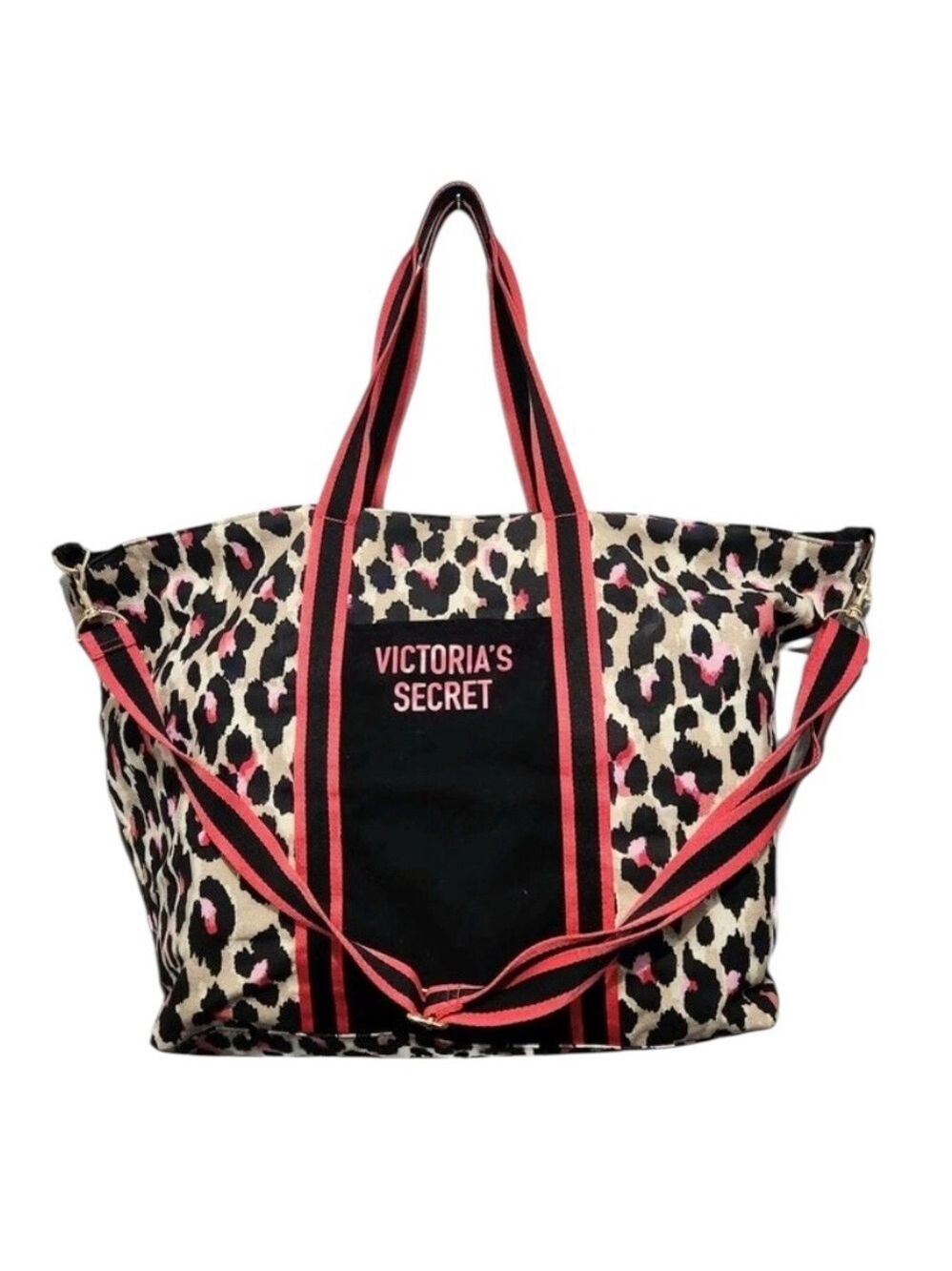 Victoria’s Secret Large Leopard Pink Black Canvas Weekender Bag Removable Strap